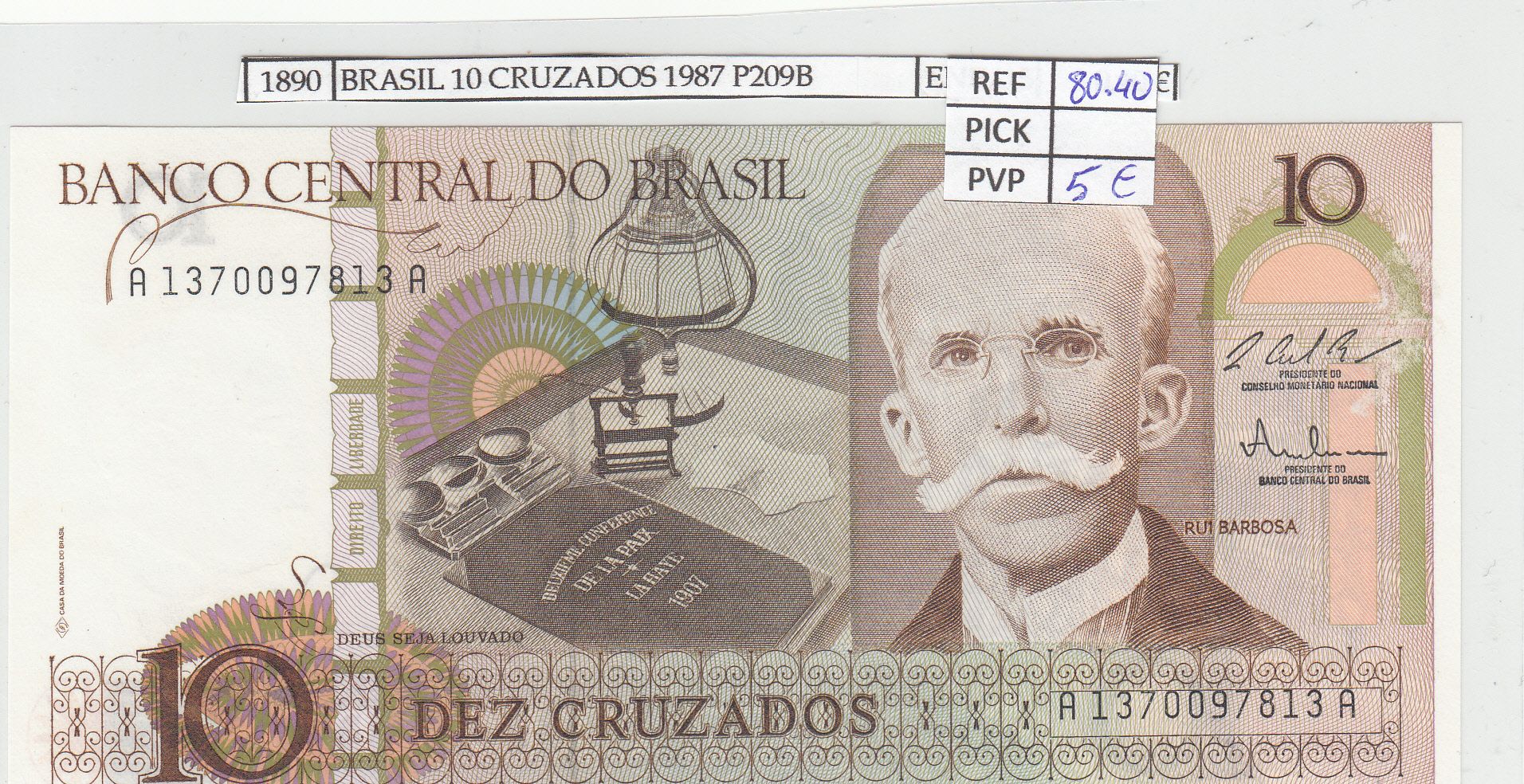 imagen-13-17579.jpg BILLETE BRASIL 10 CRUZADOS 1987 P-209b N01890 - Imagen 1