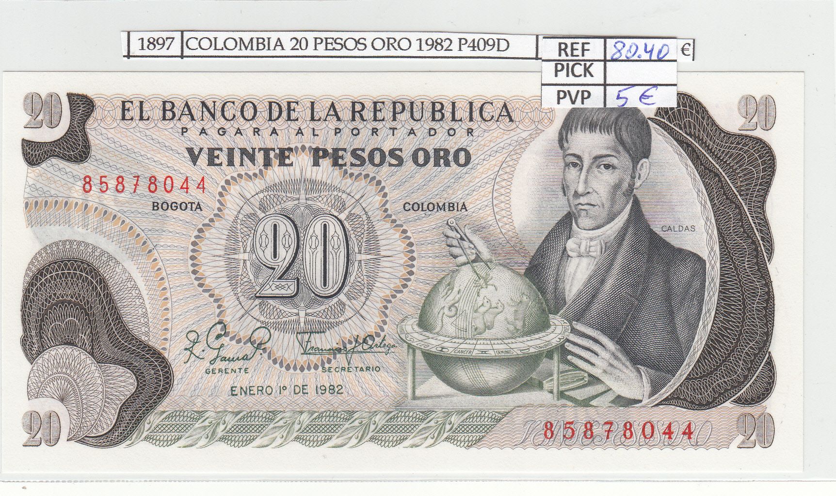 imagen-13-17586.jpg BILLETE COLOMBIA 20 PESOS ORO 1982 P-409d.3 N01897 - Imagen 1