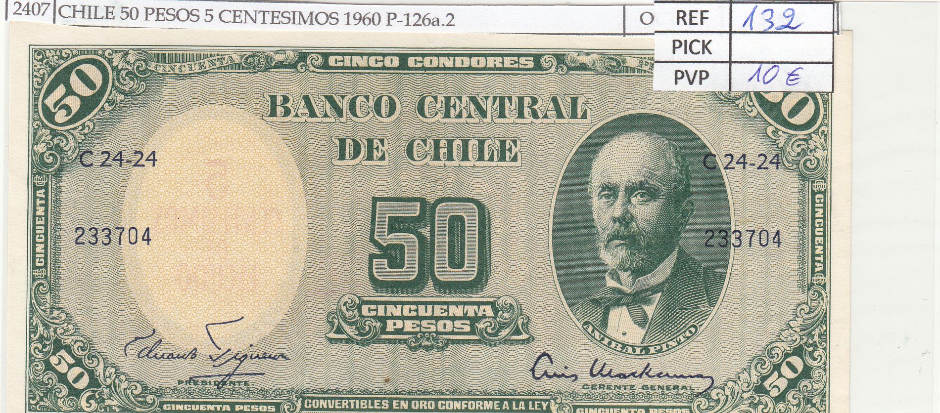 imagen-13-17668.jpg BILLETE CHILE 50 PESOS 5 CENTESIMOS 1960 P-126a.2 - Imagen 1