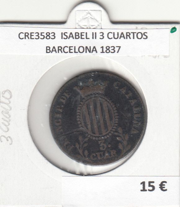 imagen-13-17837.jpg CRE3583 MONEDA ESPAÑA ISABEL II 3 CUARTOS BARCELONA 1837 - Imagen 1