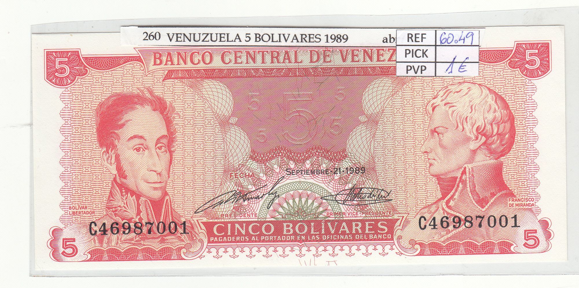 imagen-13-18091.jpg CRJ0260 BILLETE VENEZUELA 5 BOLIVARES 1989 P-70a - Imagen 1