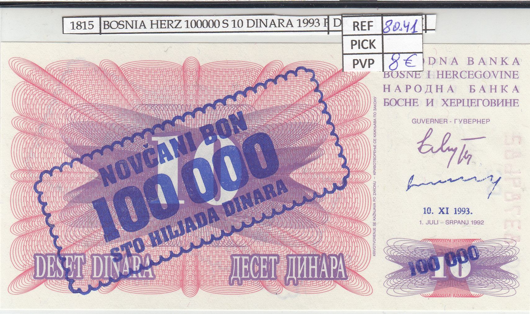 imagen-13-18404.jpg BILLETE BOSNIA HERZEGOVINA 100.000 DINARA 1993 P-34b - Imagen 1