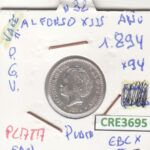 CRE3695 MONEDA ESPAÑA 50 CENTIMOS ALFONSO XIII 1894 *94 PGV PLATA EBC