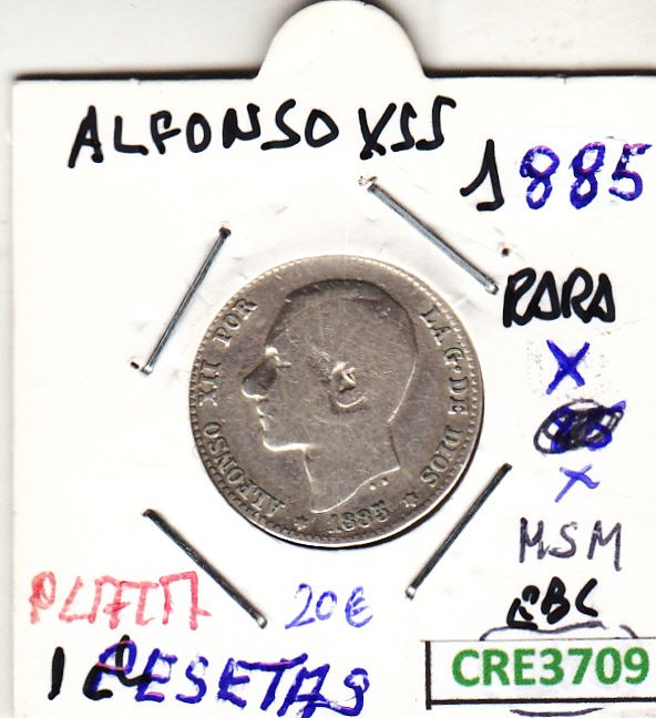 imagen-13-19752.jpg CRE3709 MONEDA ESPAÑA 1 PESETA ALFONSO XII 1885 MSM PLATA BC RARA - Imagen 1