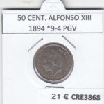 CRE3868 MONEDA ESPAÑA 50 CENTIMOS ALFONSO XIII 1894 *9-4 PGV PLATA MBC