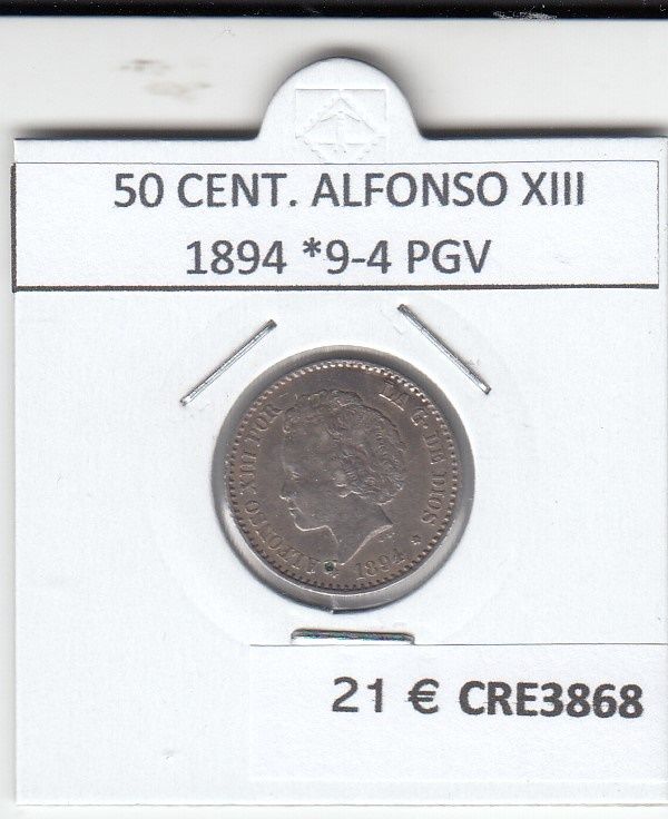imagen-13-20077.jpg CRE3868 MONEDA ESPAÑA 50 CENTIMOS ALFONSO XIII 1894 *9-4 PGV PLATA MBC - Imagen 1