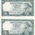 CRBS1337 PAREJA CORRELATIVA BILLETES ESPAÑA 5 PESETA 1954 SIN SERIE EBC