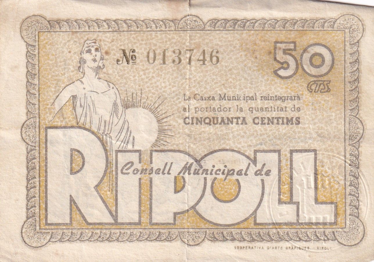 imagen-13-21482.jpg CRBL0238 BILLETE LOCAL ESPAÑA 50 CENTIMOS RIPOLL BC - Imagen 1