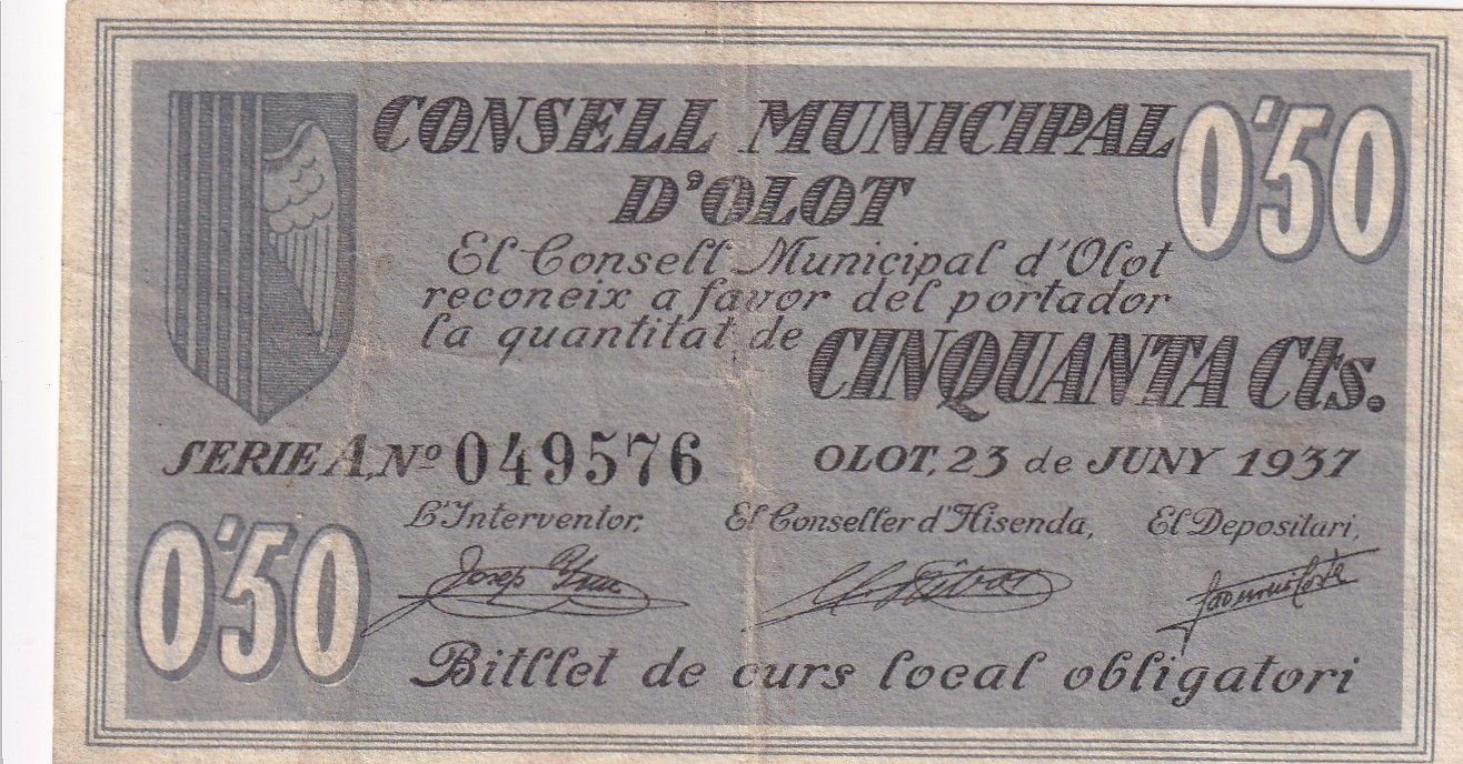 imagen-13-21485.jpg CRBL0241 BILLETE LOCAL ESPAÑA 50 CENTIMOS OLOT 1937 BC - Imagen 1