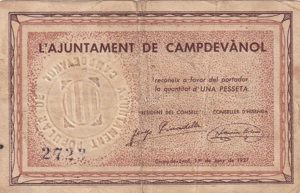 imagen-13-21519.jpg CRBL0275 BILLETE LOCAL ESPAÑA 1 PESETA CAMPDEVANOL 1937 BC - Imagen 1
