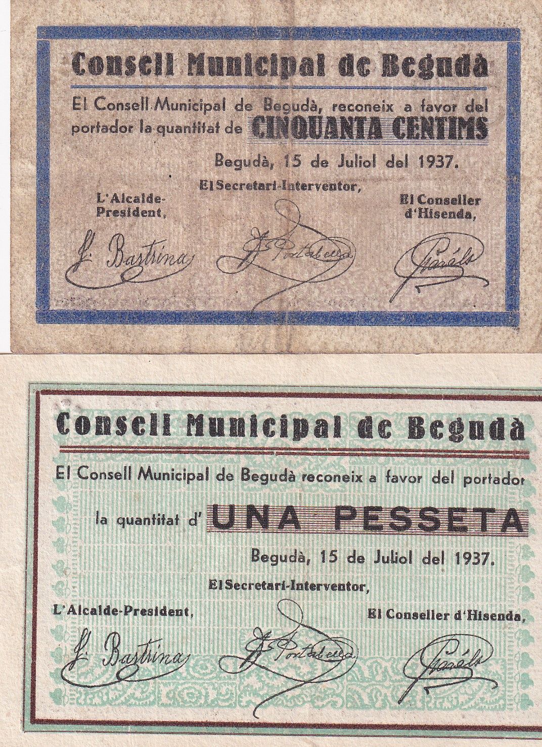 imagen-13-21525.jpg CRBL0281 BILLETE LOCAL ESPAÑA BEGUDA 50 CTS Y 1PTS EBC Y USADO - Imagen 1