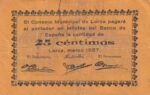 CRBL0284 BILLETE LOCAL ESPAÑA 25 CENTIMOS LORCA 1937 MBC