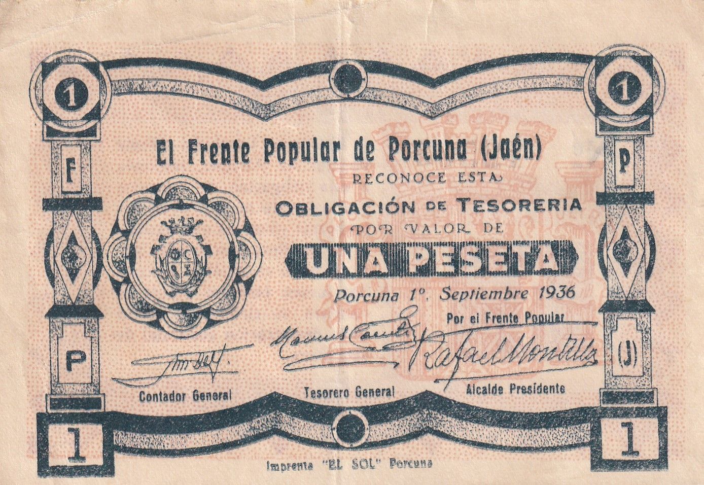 imagen-13-21532.jpg CRBL0287 BILLETE LOCAL ESPAÑA 1 PESETA PORCUNA 1936 MBC - Imagen 1