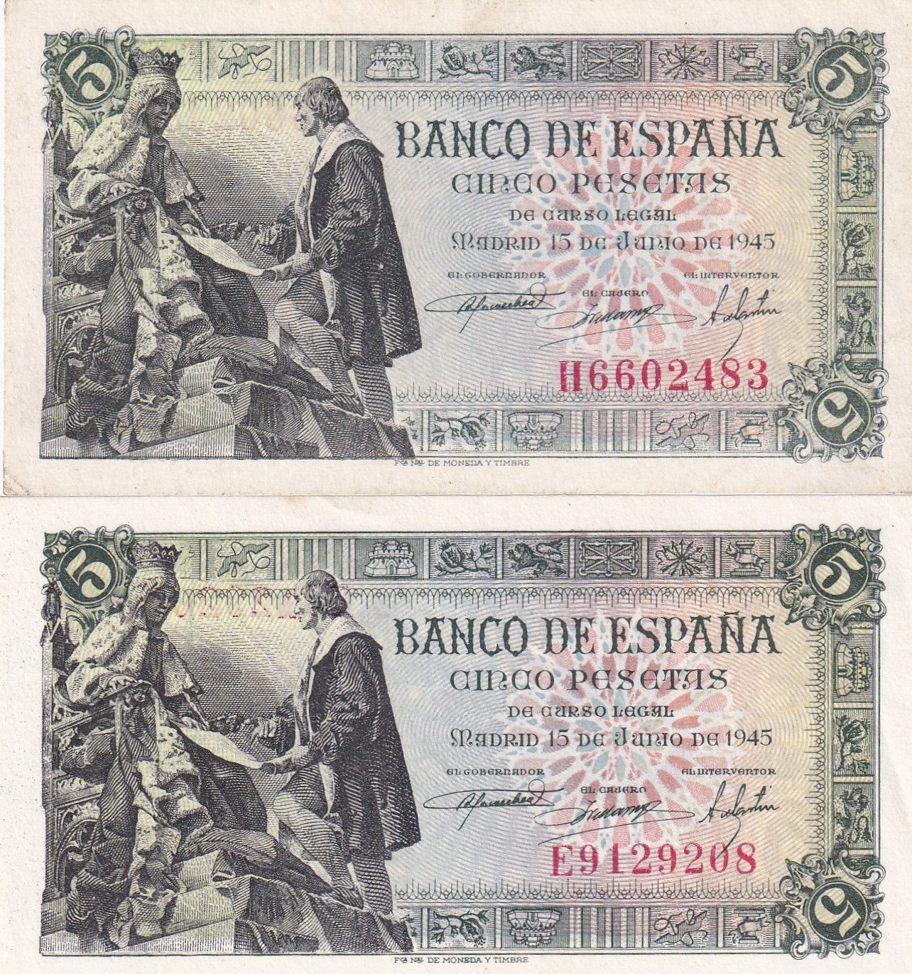 imagen-13-21689.jpg CRBS1496 LOTE 2 BILLETES ESPAÑA 5 PESETAS 1945 S/C Y S/C- - Imagen 1