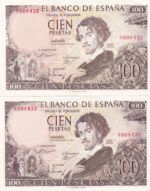 CRBS1532 PAREJA CORRELATIVA BILLETES ESPAÑA 100 PESETAS 1965 SIN SERIE S/C-