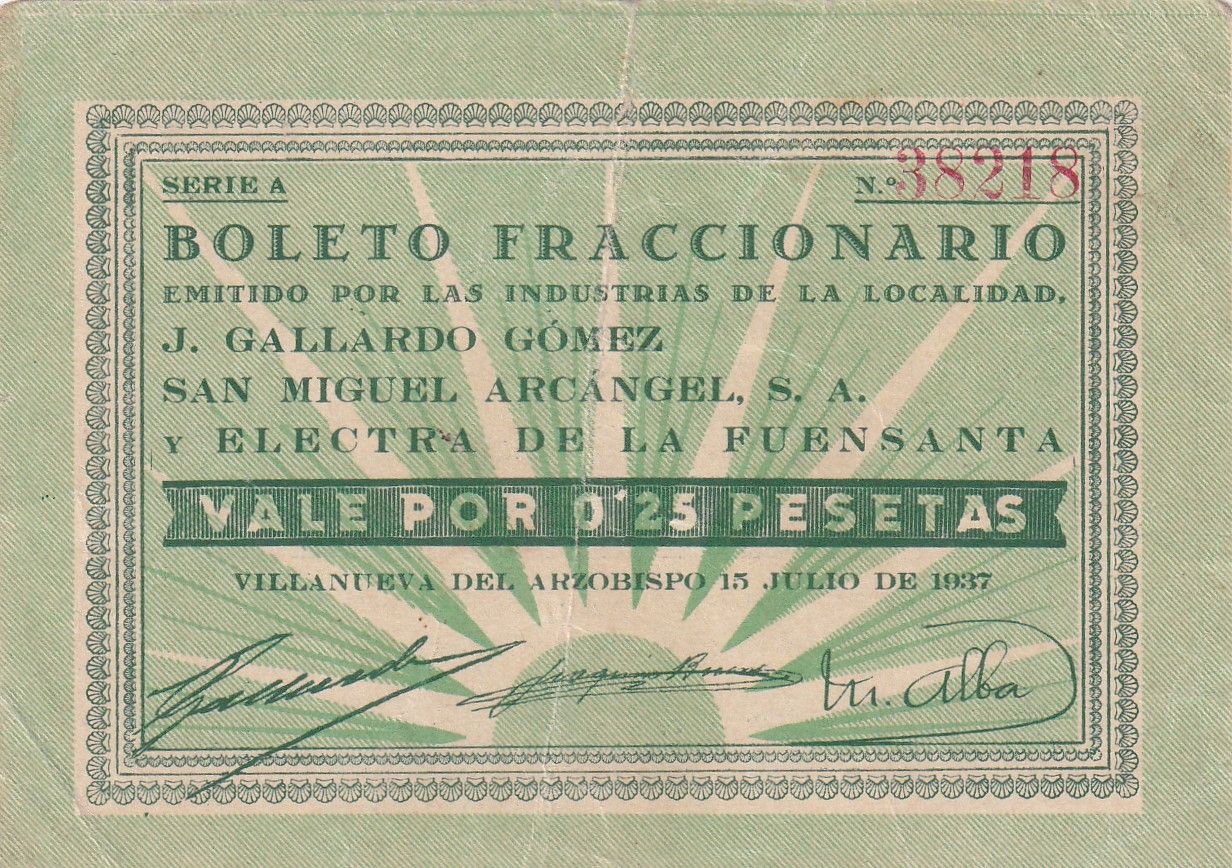 imagen-13-21763.jpg CRBL0343 BILLETE ESPAÑA LOCAL VILLANNUEVA DEL ARZOBISPO 0,25 CTS MBC - Imagen 1