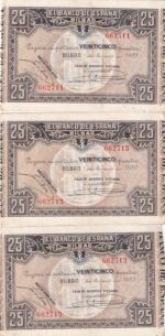 CRBL0357 TRIO CORRELATIVO BILLETES ESPAÑA LOCAL 25 PESETAS BILBAO 1937 S/C-