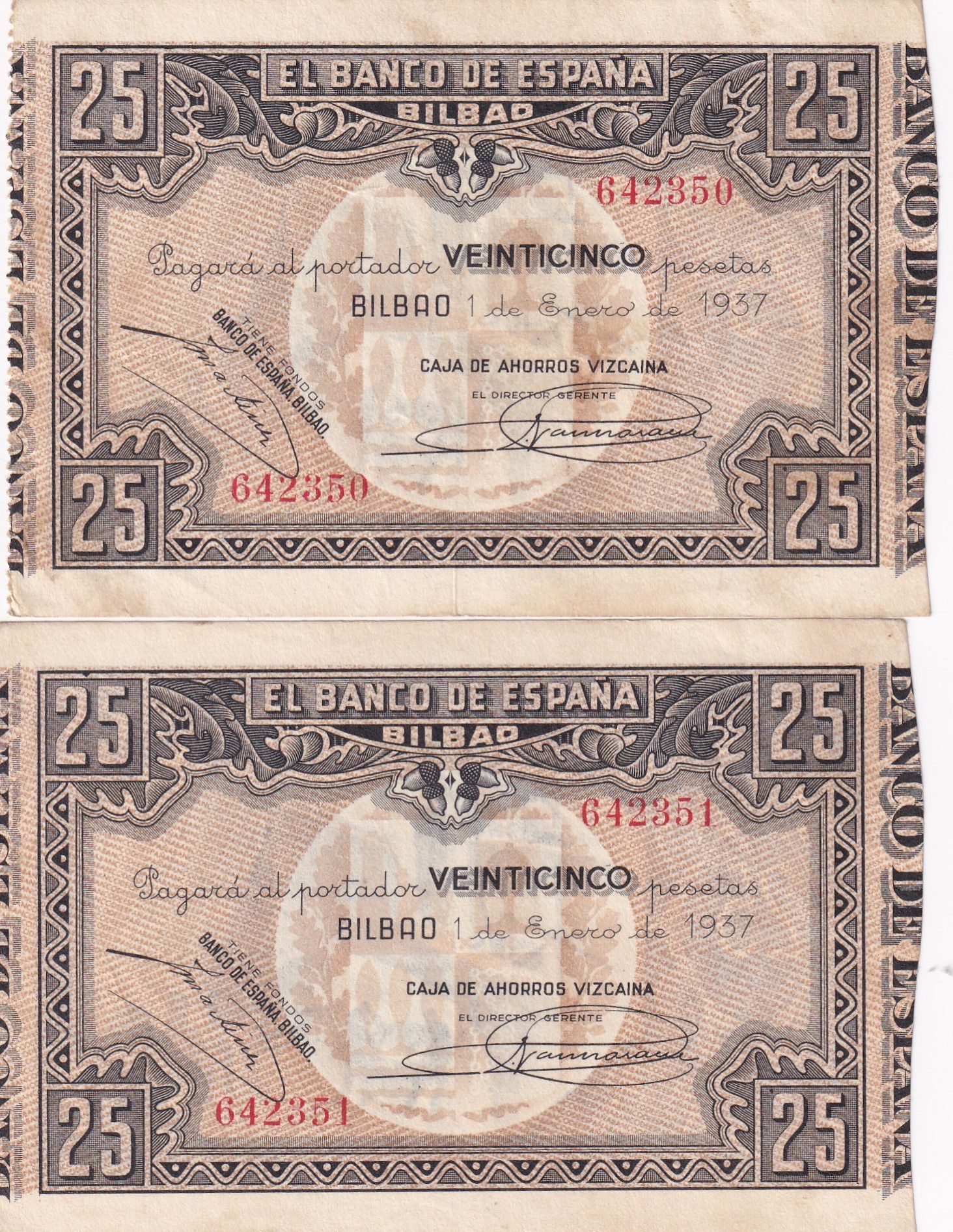 imagen-13-21777.jpg CRBL0358 PAREJA CORRELATIVA BILLETES ESPAÑA LOCAL 25 PESETAS BILBAO 1937 EBC - Imagen 1