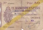 CRBL0369 BILLETE ESPAÑA LOCAL 50 PESETAS GIJON 1937 USADO ROTO