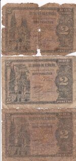CRBS1641 LOTE DE 3  BILLETES ESPAÑA 2 PESETAS 1938 USADOS