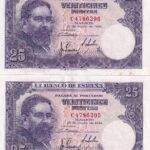 CRBS1674 PAREJA CORRELATIVA BILLETES ESPAÑA 25 PESETAS 1954 SERIE C MBC-