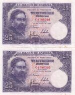 CRBS1674 PAREJA CORRELATIVA BILLETES ESPAÑA 25 PESETAS 1954 SERIE C MBC-