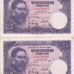 CRBS1675 PAREJA CORRELATIVA BILLETES ESPAÑA 25 PESETAS 1954 SERIE G BC+