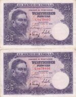 CRBS1675 PAREJA CORRELATIVA BILLETES ESPAÑA 25 PESETAS 1954 SERIE G BC+