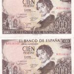 CRBS1683 PAREJA CORRELATIVA BILLETES ESPAÑA 100 PESETAS 1965 SERIE G EBC