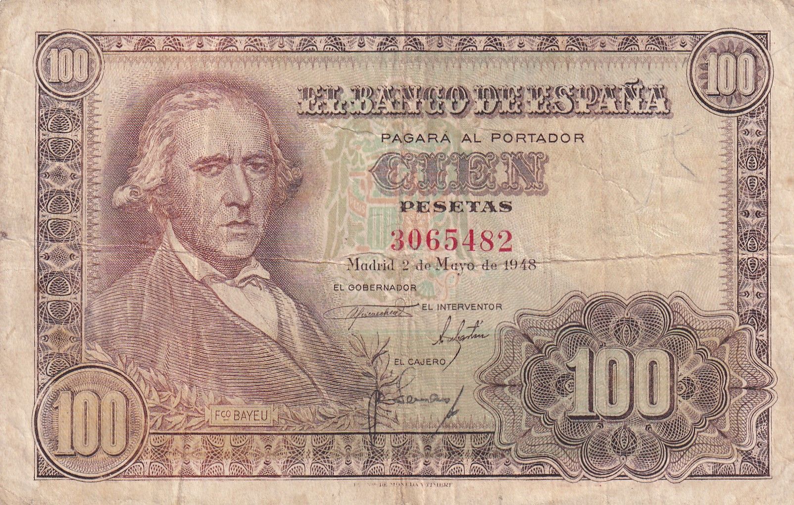 imagen-13-21873.jpg CRBS1699 BILLETE ESPAÑA 100 PESETAS 1948 SIN SERIE USADO - Imagen 1