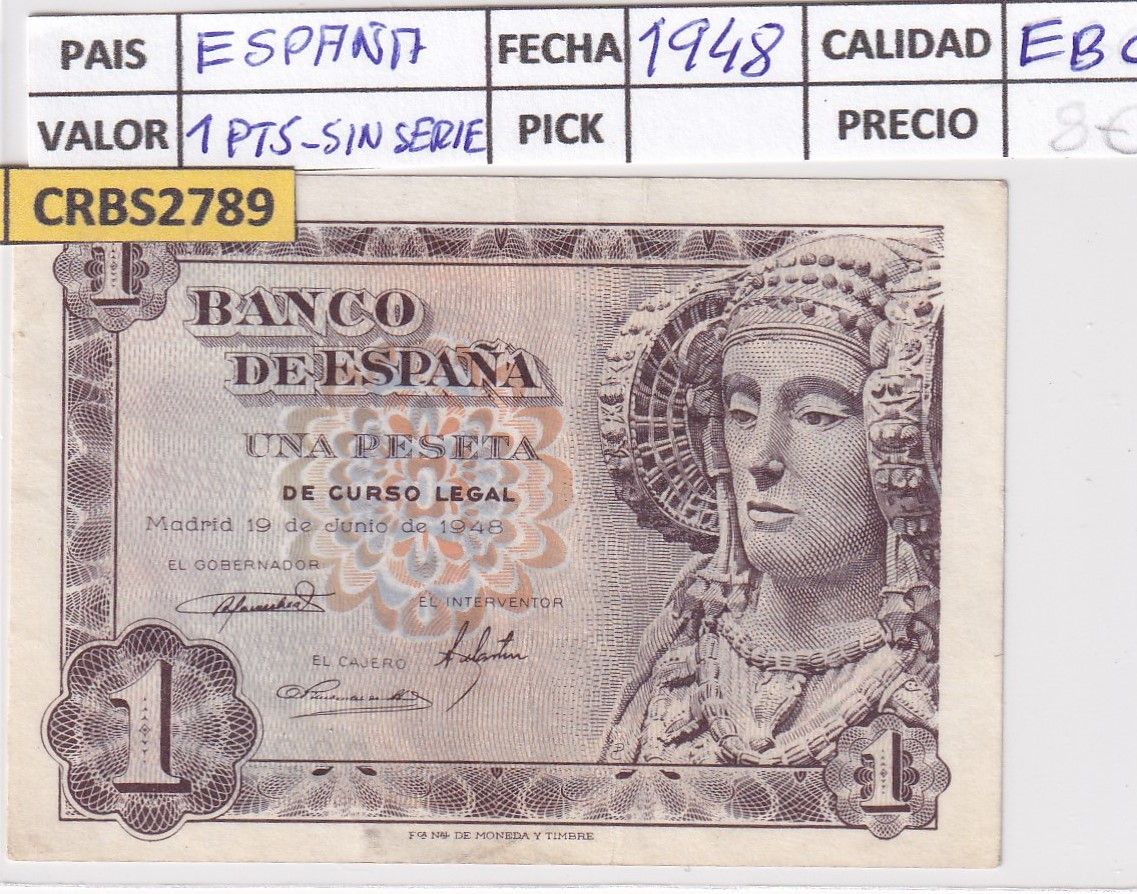imagen-13-22088.jpg CRBS2789 BILLETE ESPAÑA 1 PESETA 1948 SIN SERIE EBC - Imagen 1
