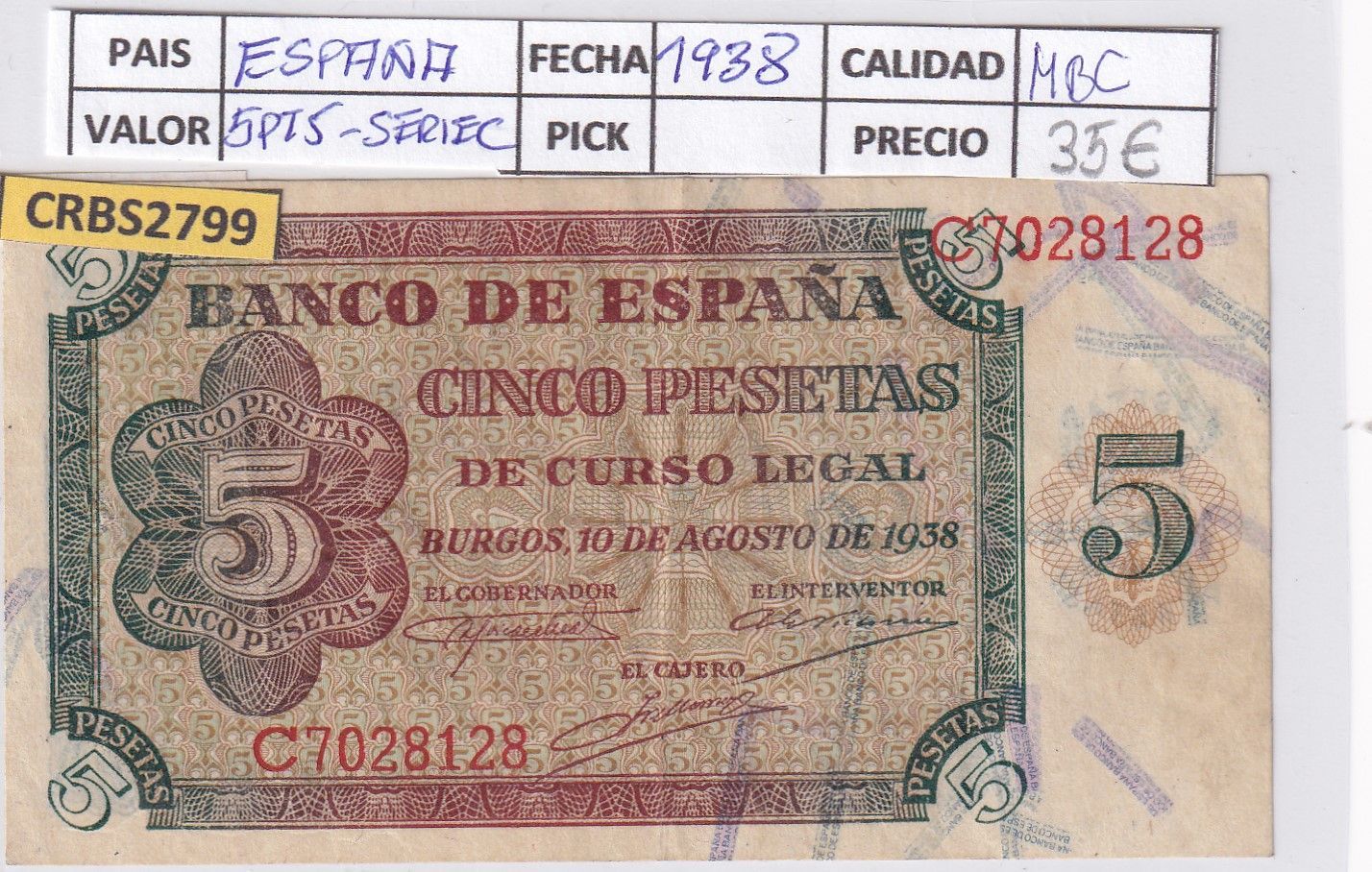 imagen-13-22098.jpg CRBS2799 BILLETE ESPAÑA 5 PESETAS 1938 SERIE C MBC - Imagen 1