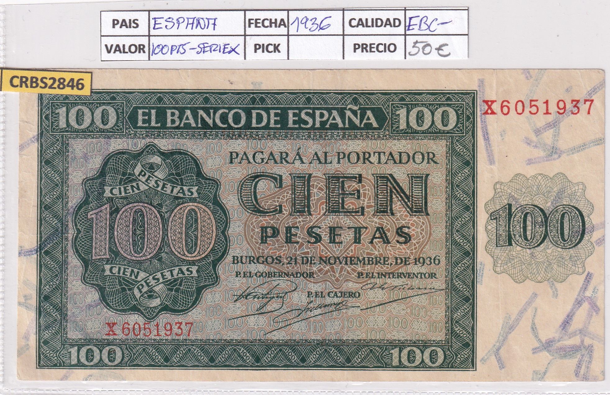 imagen-13-22145.jpg CRBS2846 BILLETE ESPAÑA 100 PESETAS 1936 SERIE X EBC- - Imagen 1