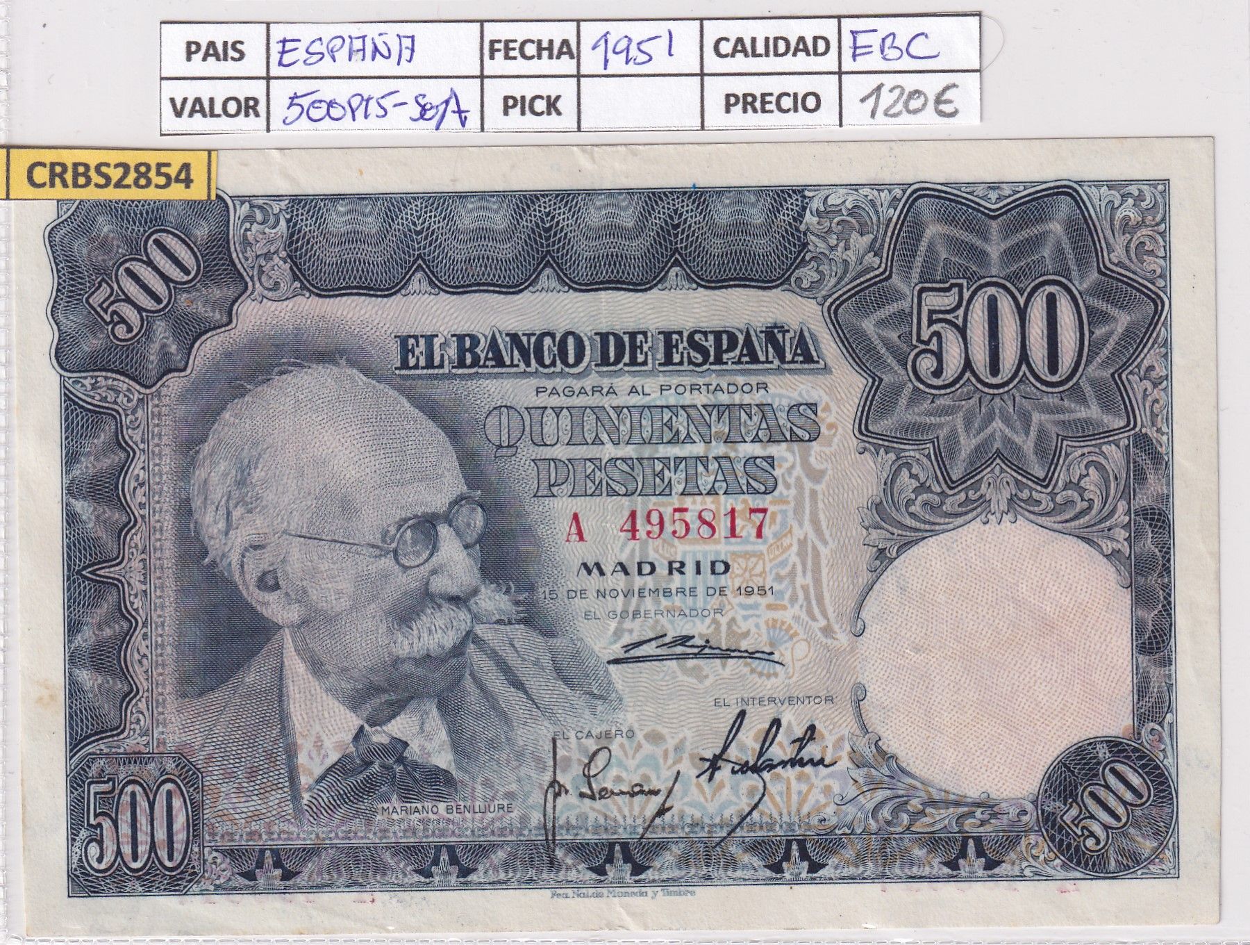 imagen-13-22153.jpg CRBS2854 BILLETE ESPAÑA 500 PESETAS 1951 SERIE A EBC - Imagen 1