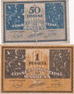 CRBL0278 BILLETE LOCAL ESPAÑA MANRESA 50 CTS Y 1PTS MC CON ROTURA