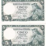 CRBS2124 PAREJA CORRELATIVA BILLETES ESPAÑA 5 PESETAS 1954 SERIE H SIN CIRCULAR