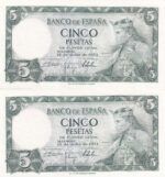 CRBS2125 PAREJA CORRELATIVA BILLETES ESPAÑA 5 PESETAS 1954 SERIE J SIN CIRCULAR