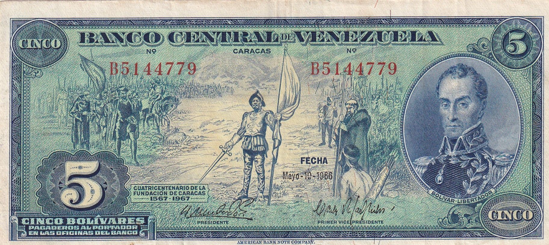 imagen-13-22672.jpg CRBX0840 BILLETE VENEZUELA 5 BOLIVARES 1966 MBC - Imagen 1