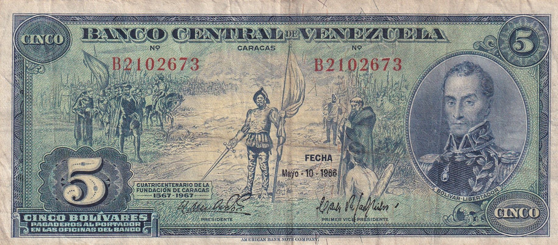 imagen-13-22674.jpg CRBX0843 BILLETE VENEZUELA 5 BOLIVARES 1966 BC - Imagen 1