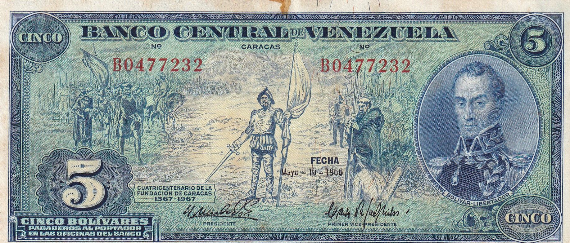 imagen-13-22675.jpg CRBX0844 BILLETE VENEZUELA 5 BOLIVARES 1966 BC - Imagen 1
