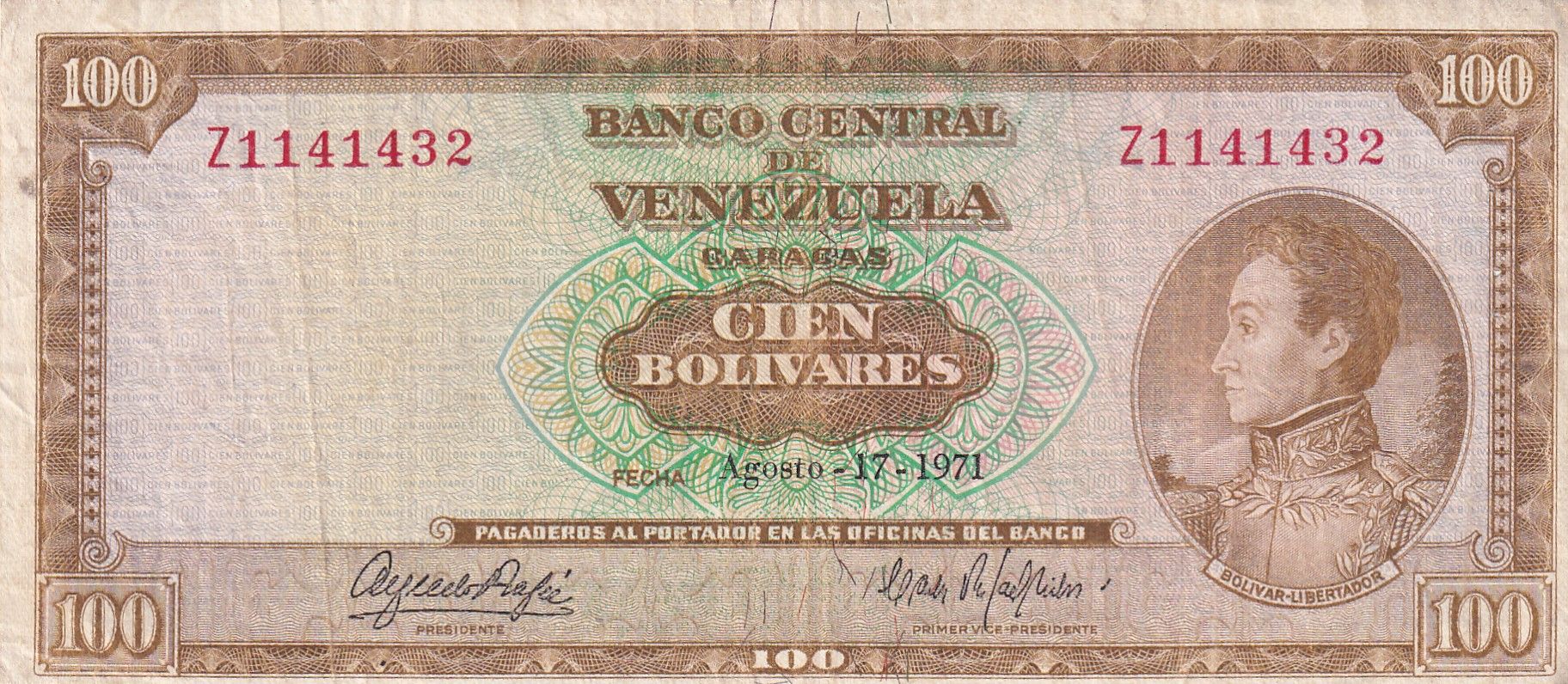 imagen-13-22711.jpg CRBX0880 BILLETE VENEZUELA 100 BOLIVARES 1971 BC+ - Imagen 1