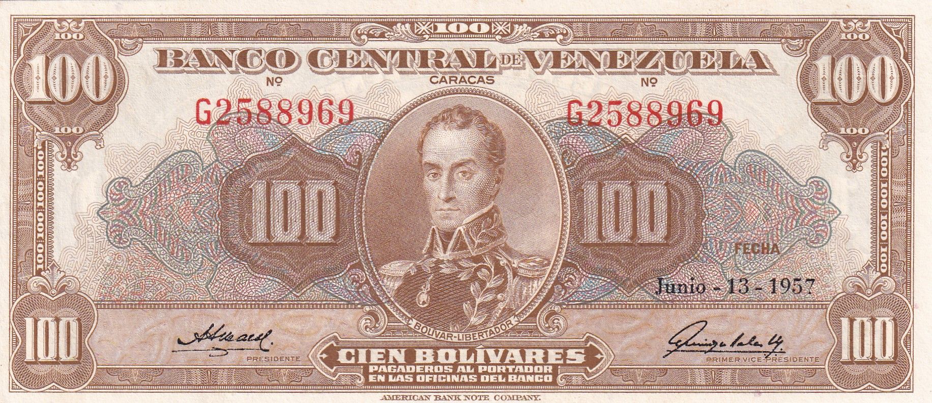imagen-13-22713.jpg CRBX0882 BILLETE VENEZUELA 100 BOLIVARES 1957 S/C- - Imagen 1