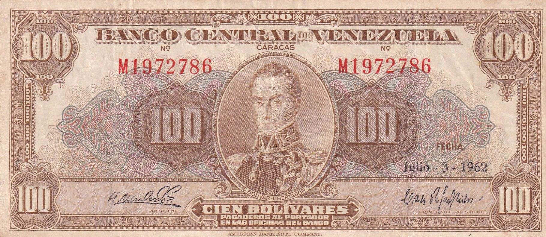 imagen-13-22721.jpg CRBX0890 BILLETE VENEZUELA 100 BOLIVARES 1962 BC+ - Imagen 1