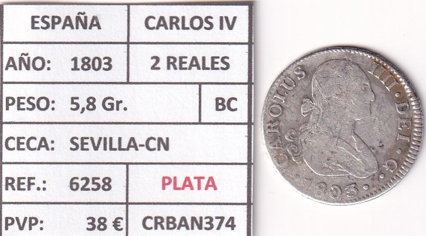 imagen-13-22759.jpg CRBAN374 MONEDA ESPAÑA CARLOS IV 2 REALES 1803 (VER DESCRIPCION EN FOTO) - Imagen 1