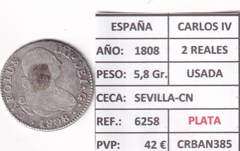 imagen-13-22770.jpg CRBAN385 MONEDA ESPAÑA CARLOS IV 2 REALES 1808 (VER DESCRIPCION EN FOTO) - Imagen 1
