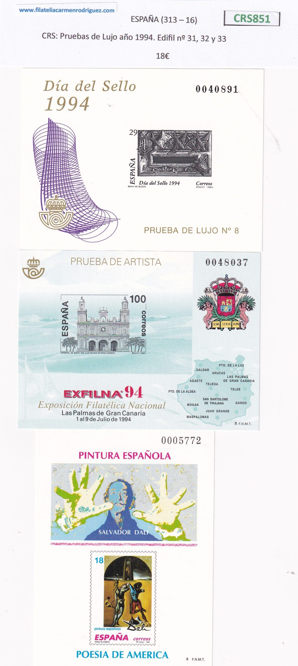 imagen-13-22823.jpg CRS851 SELLOS ESPAÑA Pruebas de Lujo año 1994. Edifil nº 31, 32 y 33 NUEVOS - Imagen 1