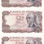 CRBS2137 TRIO CORRELATIVO BILLETES ESPAÑA 100 PESETAS 1970 SERIE 9B EBC