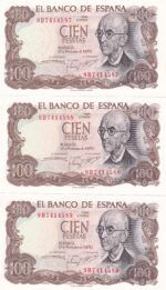 CRBS2137 TRIO CORRELATIVO BILLETES ESPAÑA 100 PESETAS 1970 SERIE 9B EBC