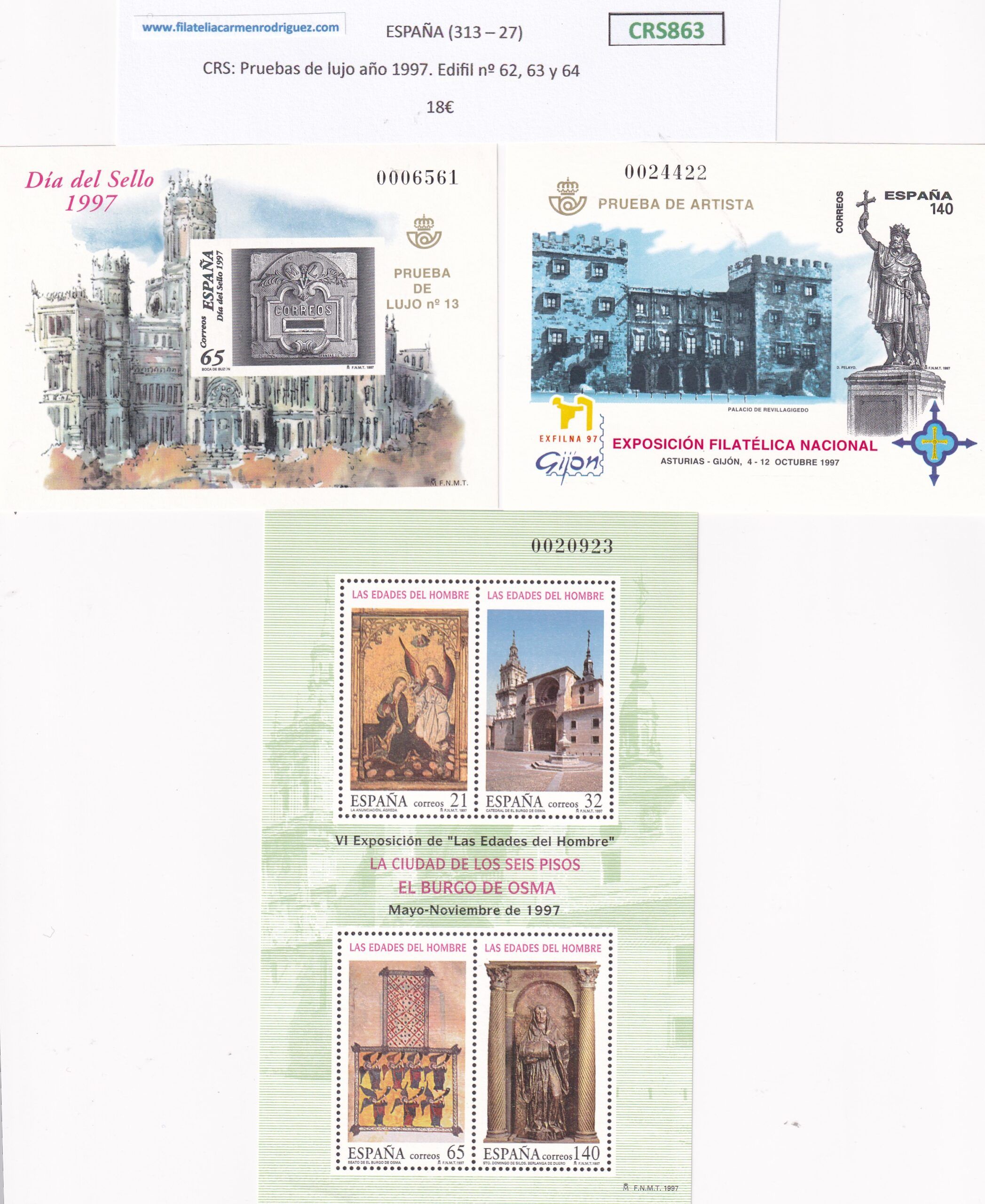 imagen-13-22933.jpg CRS863 SELLO ESPAÑA Pruebas de lujo año 1997. Edifil nº 62, 63 y 64 - Imagen 1