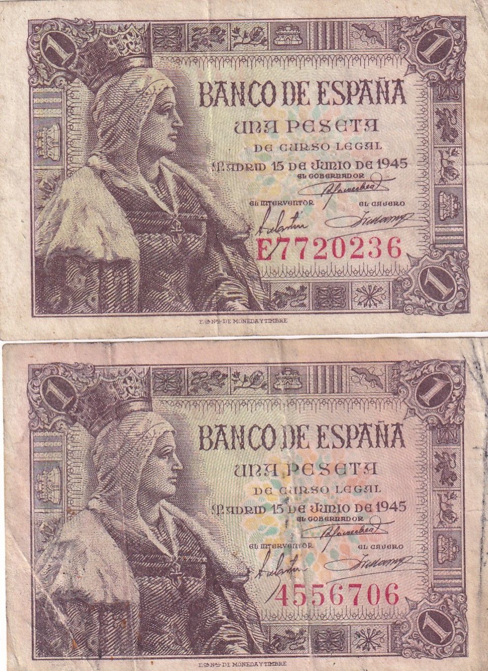 imagen-13-23356.jpg CRBS2152 LOTE DE 2 BILLETES ESPAÑA 1 PESETA 1945 SIN SERIE Y E BC/BC+ - Imagen 1